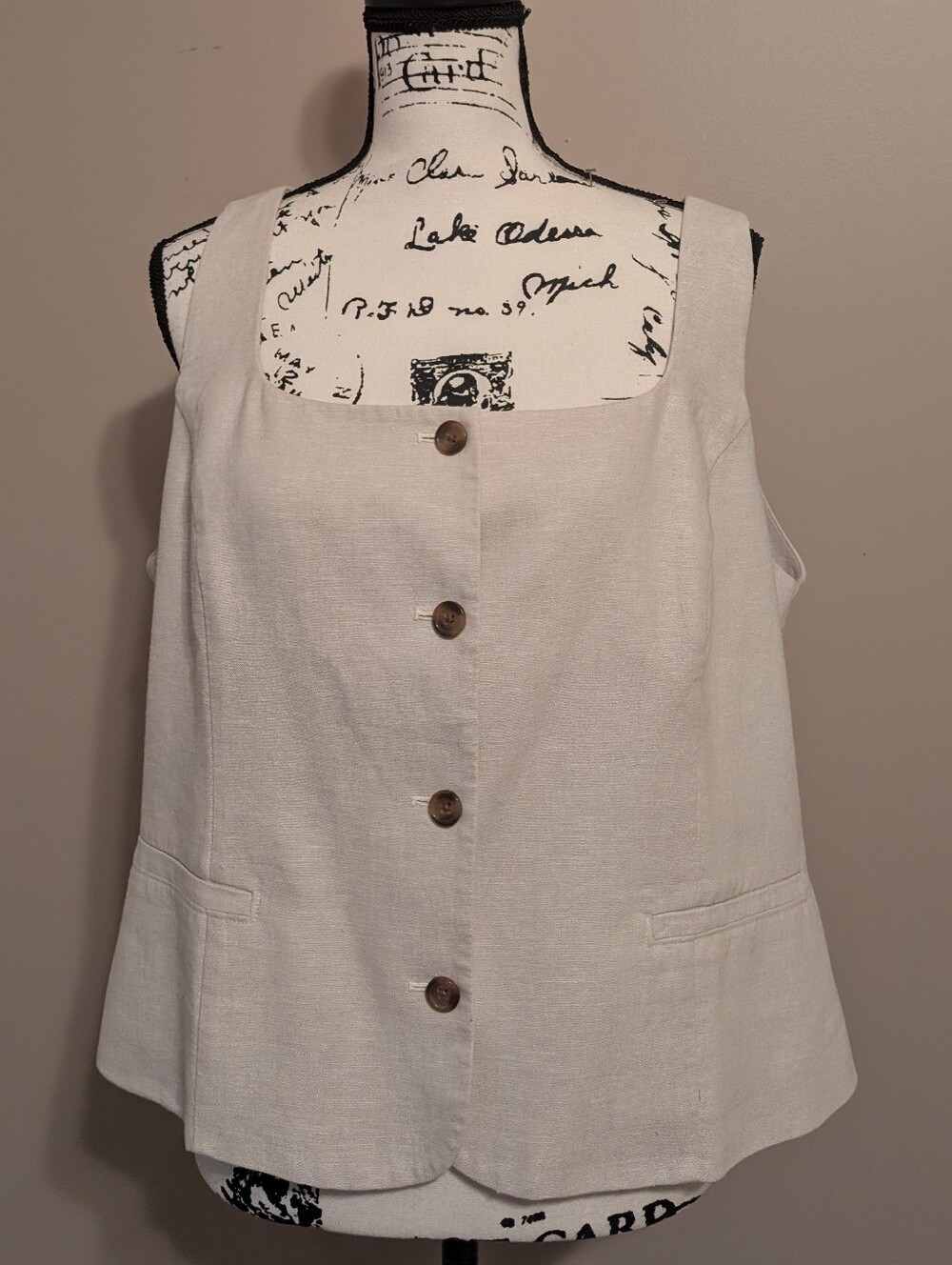J. Crew Ivory Square-Neck Button Front Linen Blend Vest